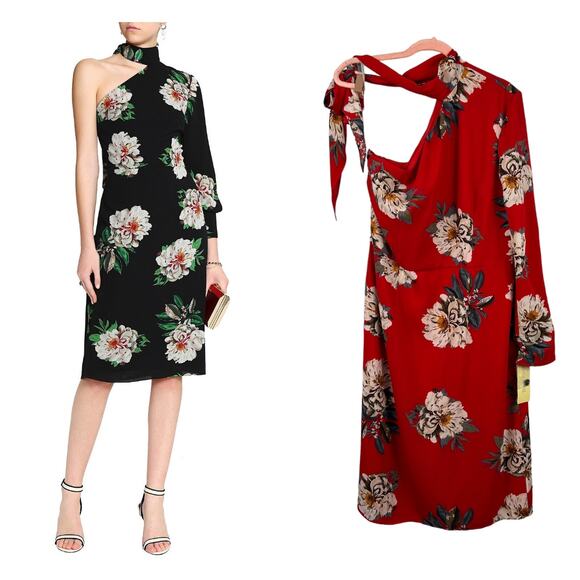 Mikael Aghal One Shoulder Floral Print Crepe Dress Red Sz 12 NEW - Picture 1 of 16